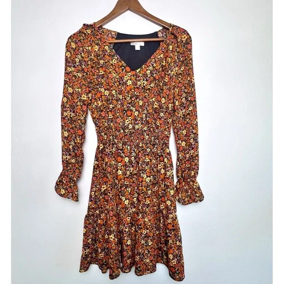 Bar III | Dresses | Bar Iii Dress Womens Size S Black Floral Pattern Cinch  Waist Long Ruffle Sleeve | Poshmark